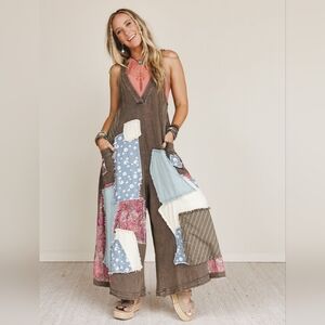 Bohemian Patchwork Jumpsuit - Olive and Blue